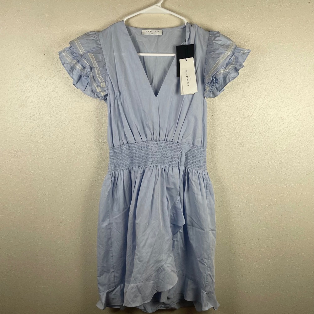 Sandro Paris Light Blue‎ Smocked Waist Ruffle Sleeve Midi Dress Size 1